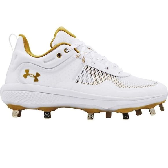 New Under Armour Women's Glyde Metal Fastpitch Softball Cleats gold white ball - Picture 2 of 7